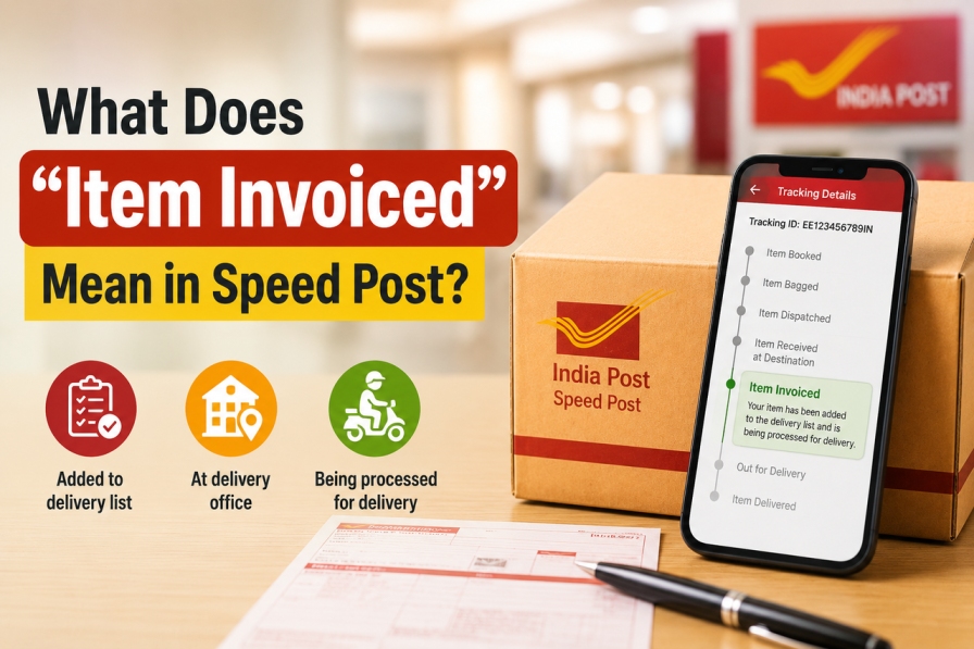 Speed Post tracking showing “Item Invoiced” status with a parcel and delivery icons