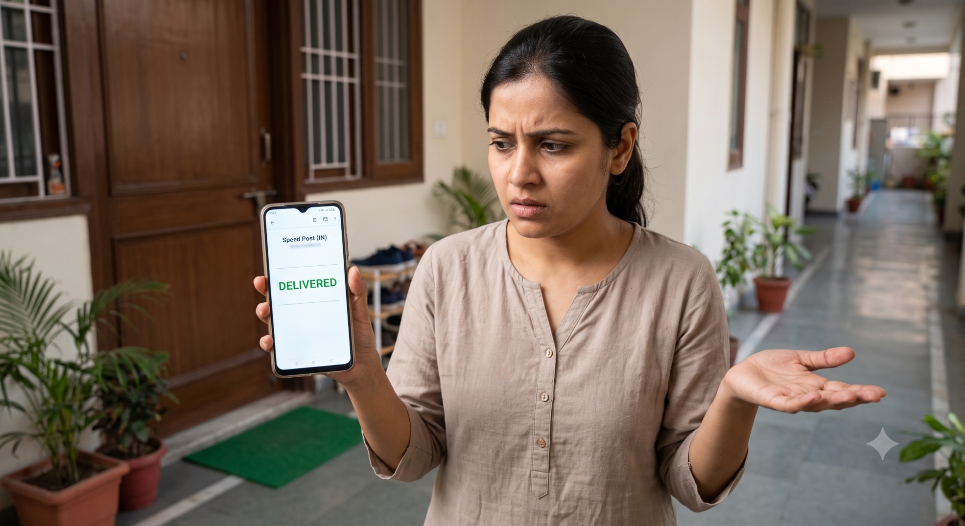 Confused woman standing outside her home holding a smartphone showing Speed Post tracking marked as Delivered, gesturing that the parcel was not received.