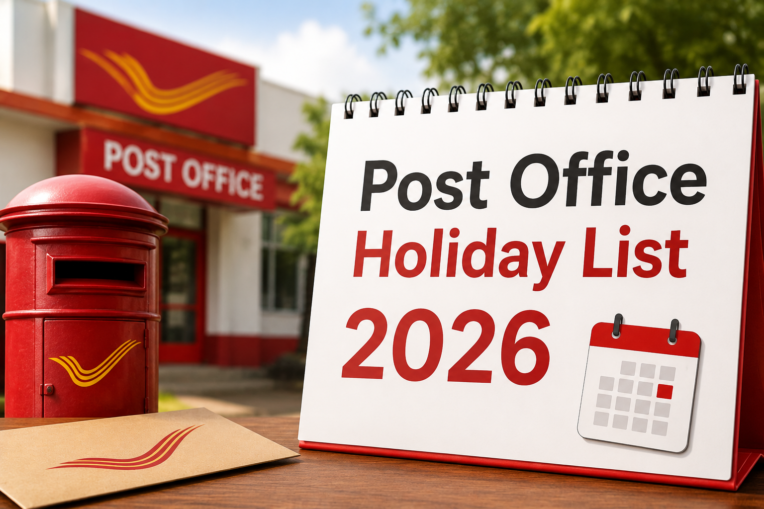 Post Office Holiday List 2026 displayed on a calendar beside a red postbox and envelope, with a post office building in the background.